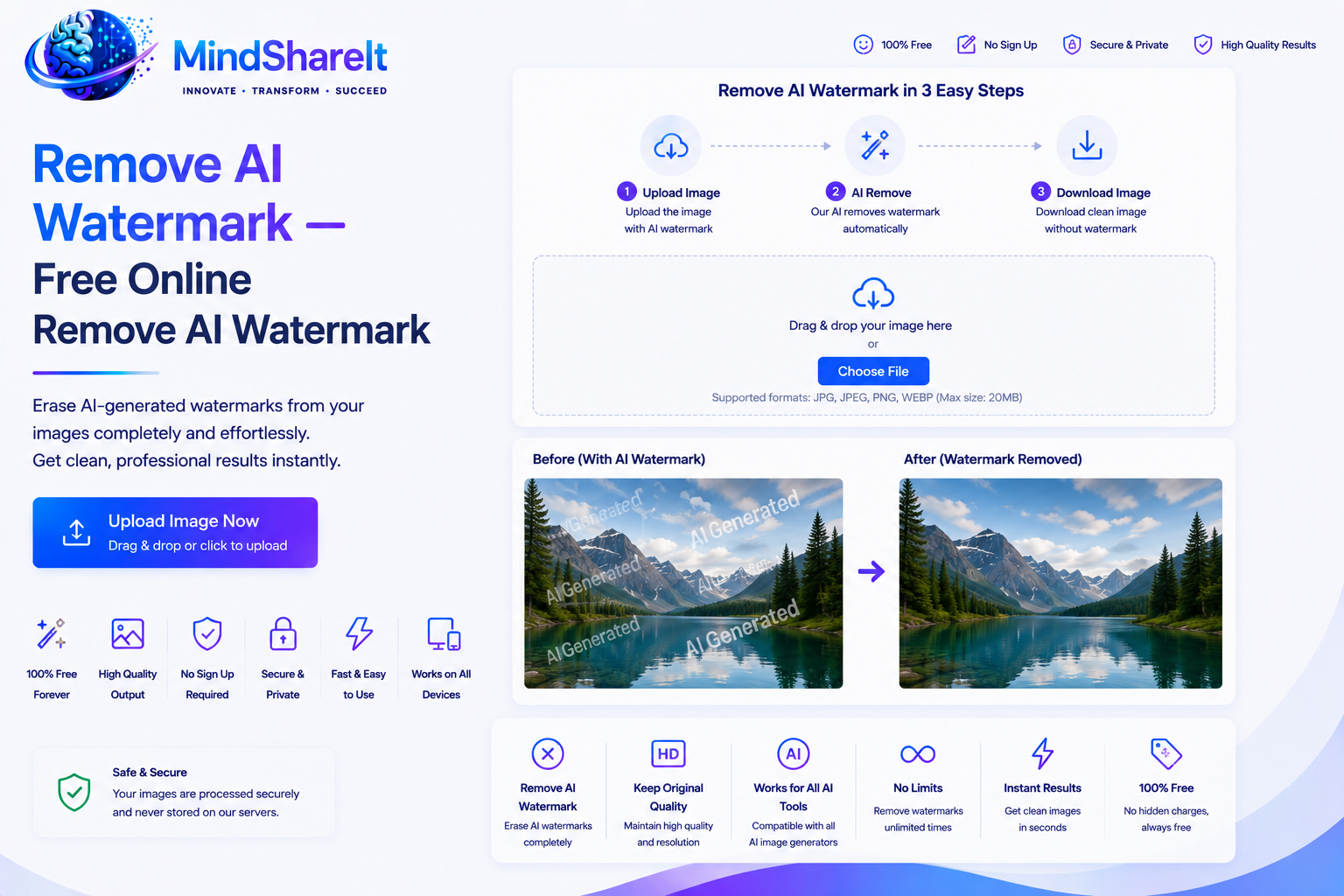 Screenshot of the free Remove AI Watermark tool on ToolSphere